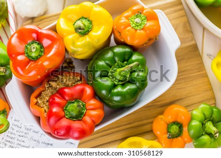Low calorie stuffed peppers with ground turkey and white rice.