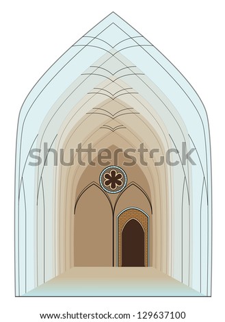 Colorful Interior of Gothic Cathedral- vector illustration