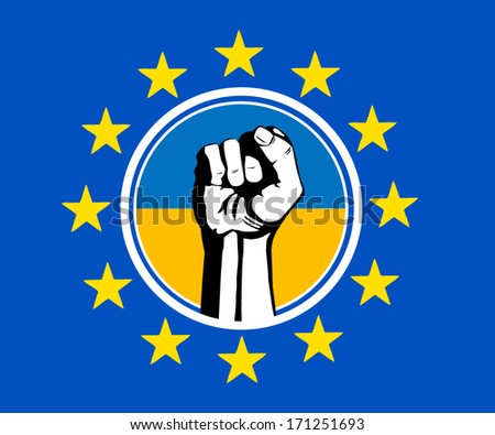 European Union and Ukraine. Clenched fist held in protest. 