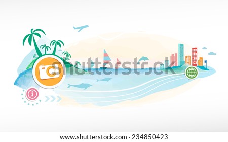 Photo camera on travel background. Seaside view poster. 