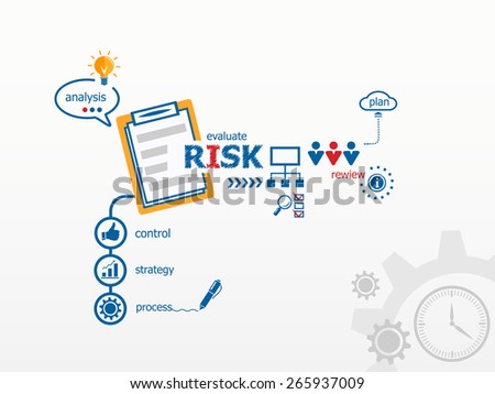 Risk concept and notebook. Hand writing Risk with blue marker