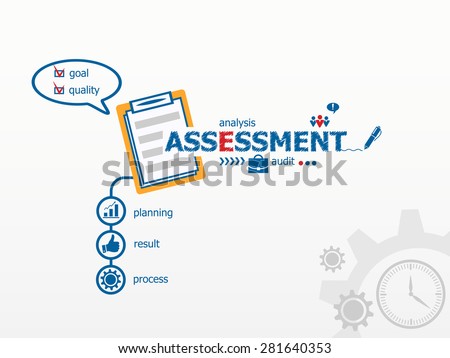 Assessment concept and notebook for efficiency, creativity, intelligence. Hand writing Assessment with blue marker