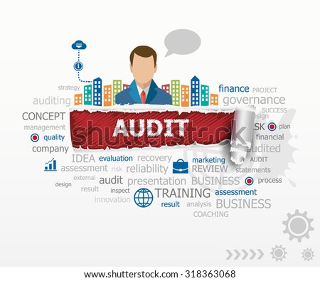Audit concept word cloud and business man. Audit design illustration concepts for business, consulting, finance, management, career.