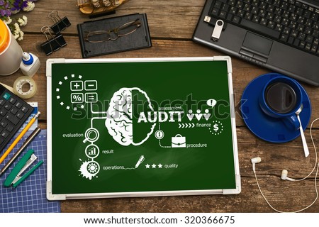 Audit - Business Concept. Chalkboard with an audit plan on wooden desk