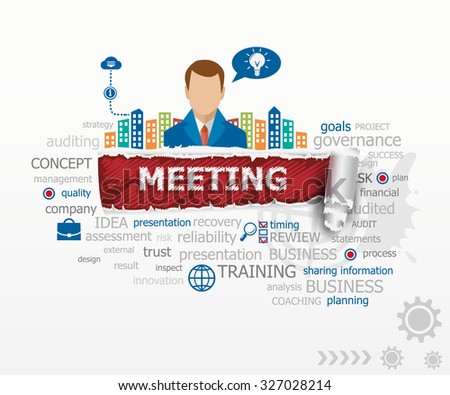 Business meeting concept word cloud and business man. Business meeting design illustration concepts for business, consulting, finance, management, career.
