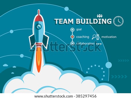 Team Building design and concept background with rocket. Project Team Building concepts for web banner and printed materials.