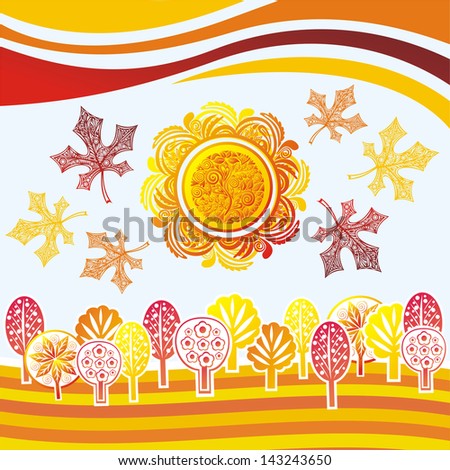 Autumn landscape leaves forest trees pattern background sun vector illustration