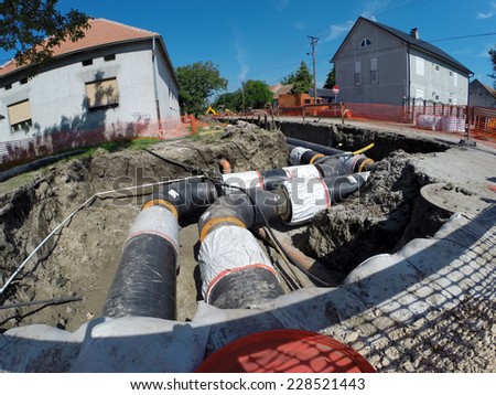 New District Heating System.New district heating pipes laid on the ground