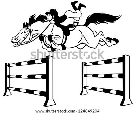 Kid With Horse Jumping A Hurdle,Equestrian Sport,Black And White ...