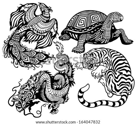 dragon, phoenix, turtle and tiger .Four celestial feng shui animals black and white set
