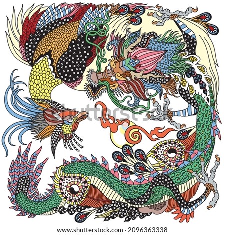 Jade Green Dragon and Gold Phoenix Feng Huang playing a pearl. Two celestial mythological creatures. Vector illustration inspired by a Chinese Folklore Legend or Myth, Tale