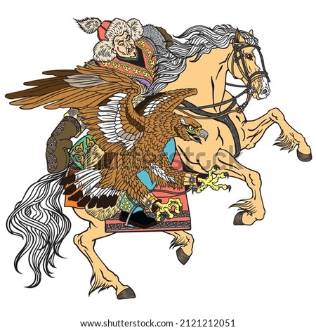 Hunting with an eagle on a horse. Kazakh nomad hunter wearing a fur jacket, hat and skin gloves and sitting on pony horseback in the gallop. Traditional falconry in the Eurasian Steppe. Illustration