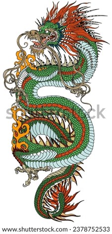 Chinese green dragon in a vertical position. A head facing towards the left side and baring its teeth, a serpent-like body, elegantly coiled around a central focal point. Traditional tattoo