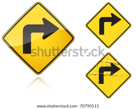 Set of variants Right Sharp turn traffic road sign isolated on white background. Group of as fish-eye, simple and grunge icons for your design. Vector illustration.