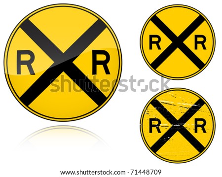 Set of variants a Level crossing warning - road sign isolated on white background. Group of as fish-eye, simple and grunge icons for your design. Vector illustration.