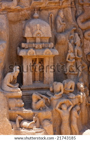 Bas-relief in Mammallapuram, India, depicting a scene of the famous Indian epic Mahabharata.Carving was made in the 7th Century.