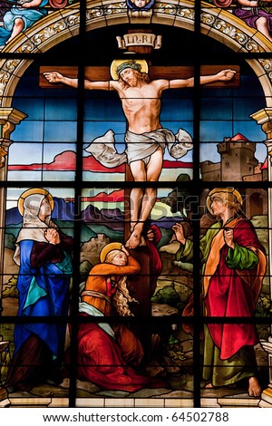 Crucifixion of Jesus, stained glass in the German Church (St. Gertrude\'s church) in Gamla Stan in Stockholm.