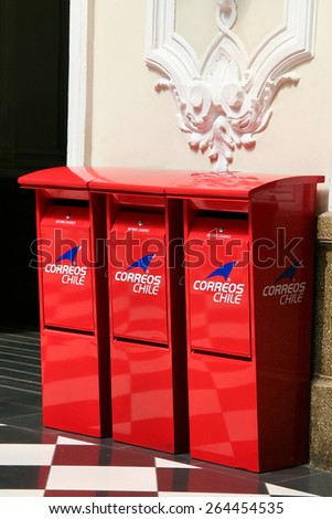 SANTIAGO, CHILE - MARCH 18, 2008: Red postal boxes in the Main Office of the National Post Service in Santiago, Chile