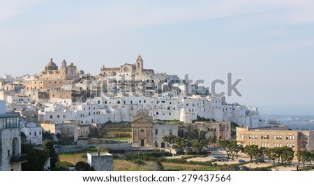 View on the medieval old town of Ostuni in Puglia, South Italy.The center of Ostuni is known as the White Town or La Citta Bianca and a famous site in Italy.