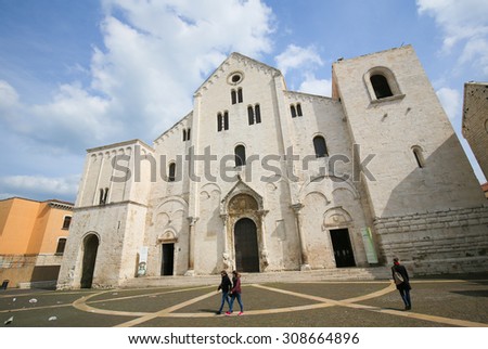 BARI, ITALY - MARCH 16, 2015: Basilica of Saint Nicholas, a church dedicated to Saint Nicholas of Smyrna, a famous pilgrimage site in Bari, Puglia, Southern Italy