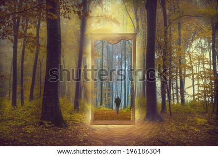 Mirror through another world in a foggy forest