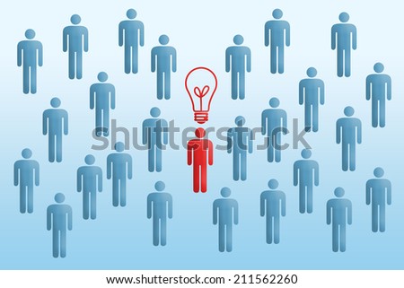 Red human figure with light bulb being different. Concept for innovation, idea and team work