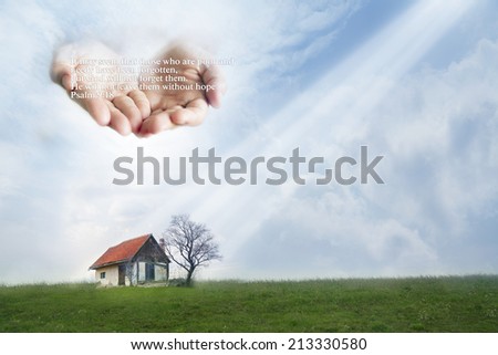 Poor house and the Hands of God with a quote from Psalm 9:18. A light ray coming down on the house as a symbol for hope