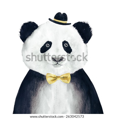 Watercolor hipster panda drawing. Hipster animal.