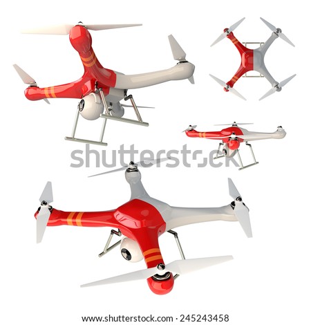 3D Render Quad Copter UAV  in Different Views in Isolated Background, Work Paths, Clipping Paths Included.