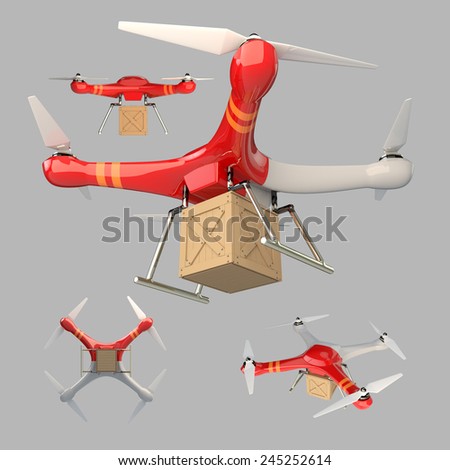 3D Render Quad Copter UAV  Carrying Crate with Different View in Isolated Background, Work Paths, Clipping Paths Included.