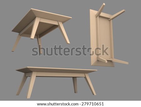 3D Rendering Wooden Table Various Viewports  in Isolated Background with Work Paths, Clipping Paths Included.