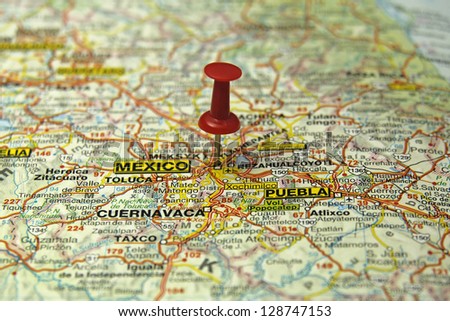 push pin pointing at Mexico City, Mexico