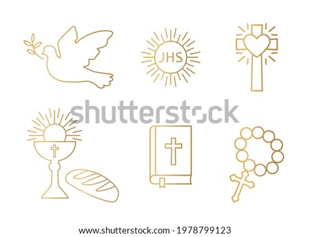 golden christianity icon set; dove, holy communion, cross, chalice and bread, bible and rosary - vector illustration Stock foto © 