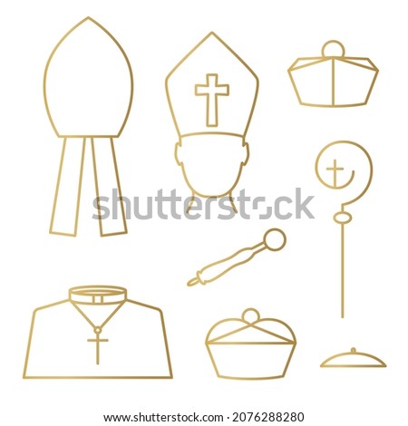 golden catholic priest, bishop, pope hats, crosier, sprinkler, cassock icons- vector illustration 商業照片 © 