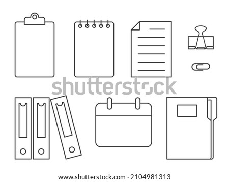 set of business, office, education icons: clipboard, spiral notebook, document, office clips, binders, calendar and file folder- vector illustration