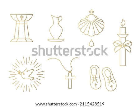 golden set of baptism related icons: font, pitcher, shell, candle, holy spirit, chain with cross and baby booties - vector illustration Сток-фото © 