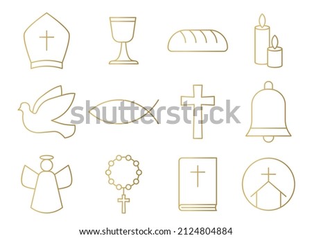 set of golden christian, catholic religion icons; bishop hat, chalice, bread, candles, dove, cross, bell, angel, rosary, bible, church- vector illustration Сток-фото © 