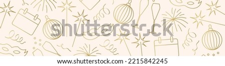 New Year Eve golden banner with champagne glasses, fireworks, sparklers, calendar, christmas ball and confetti- vector illustration