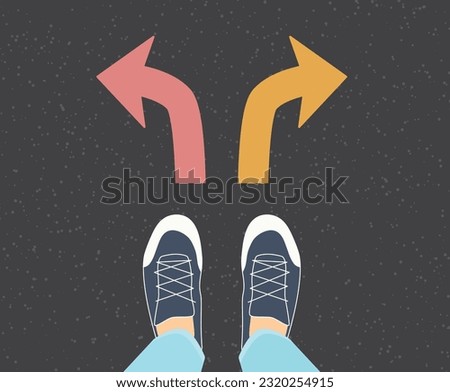 feet standing at crossroads; concept of career, life path; making decisions- vector illustration