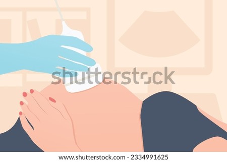 doctor doing ultrasound scan of the pregnant woman; prenatal care; safety checks of the child in the womb; baby's development- vector illustration

