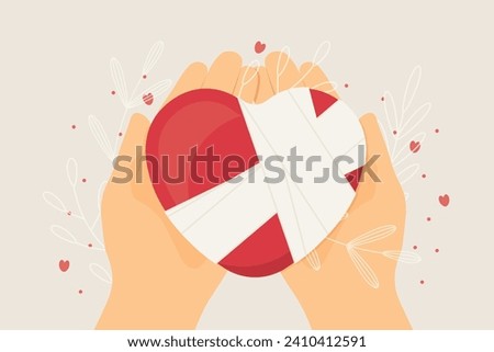 heart with bandage on opened hands; unhappy love, Valentine's Day concept - vector illustration
