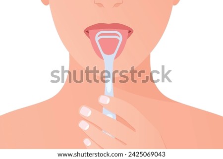 woman using a tongue scraper for cleaning her tongue -vector illustration