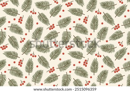 seamless winter, christmas pattern with green fir twigs and red holly berries; great for wrapping paper, greeting cards, gift tags, wallpaper and textiles- vector illustration