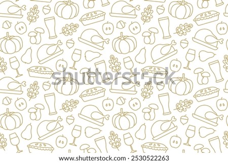 seamless pattern with roasted turkey, acorn, pear, apple, beer, wine, mushroom, apple pie, pumpkin, oak leaf icons- vector illustration