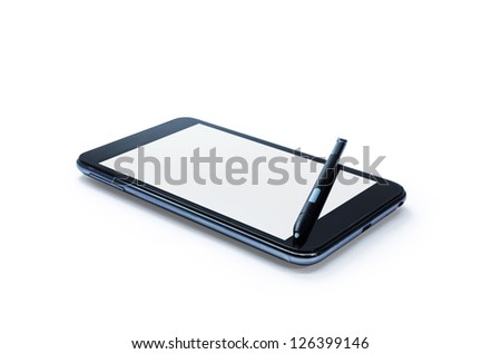Mobile smart phone with touch pen. Isolated on white.