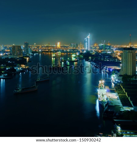 Landscape of Bangkok. Night view of Bangkok property. River at dusk.