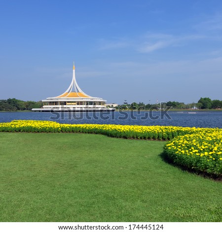 Hall Ratchamongkhon Suan Luang Rama 9 Park and Botanical Garden is the largest in Bangkok at twilight.