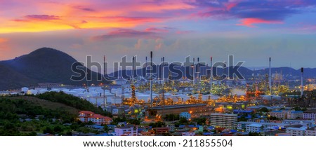 Panorama of dramatic sunsets over the industry, refineries and ports.