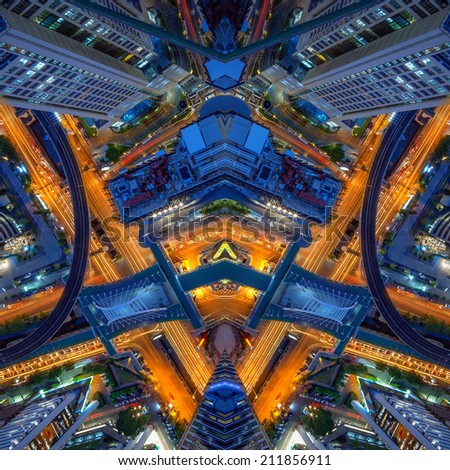 Abstract Birds eye view of a modern building at night. Traffic in the business district The Skytrain station Chong Nonsi