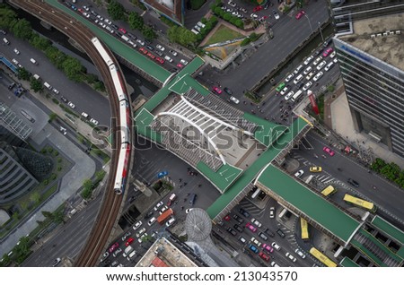 Birds eye view of a modern building Traffic in the business district The Skytrain station Chong Nonsi A bridge connecting with Train running.